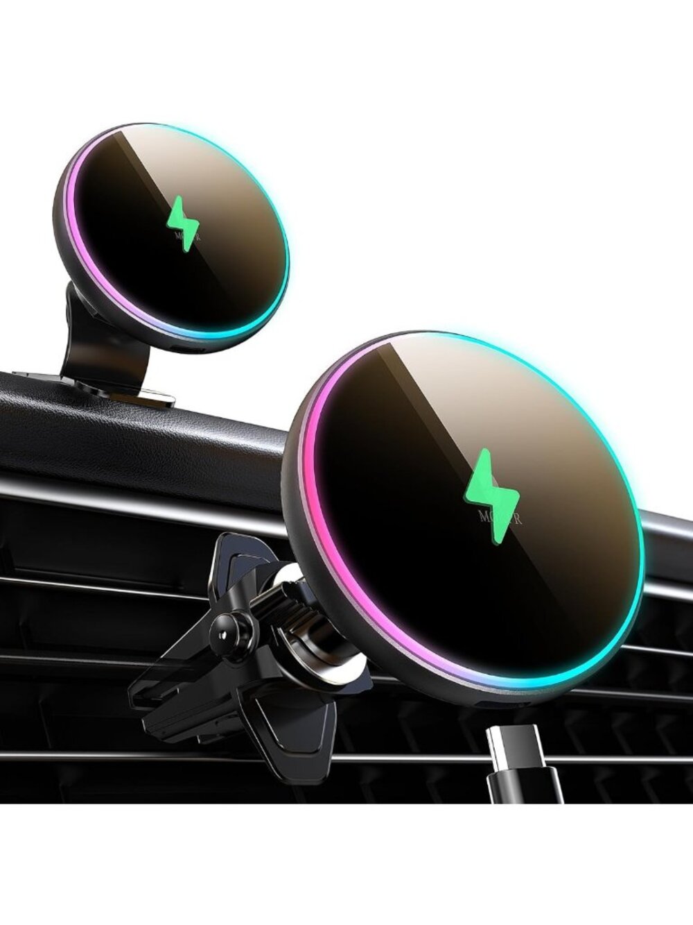 15W MagSafe Car Mount Charger | LED RGB Phone Holder for Dash & Vent
